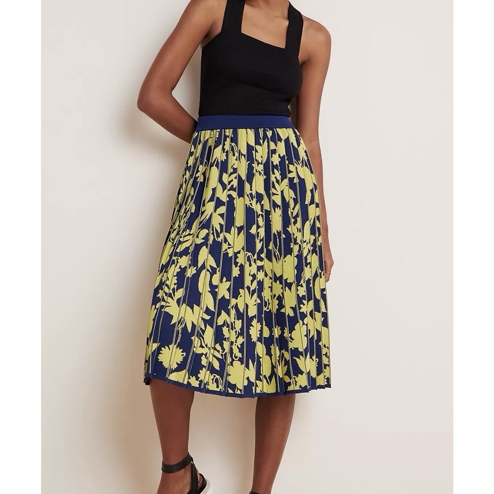 Anthropologie Leandra Pleated Midi Sweater Skirt M Blue‎ Chartreuse Floral Boho